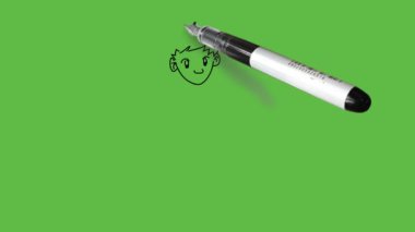 Draw little character standing boy showing right hand open and hold stick in left hand wearing shirt, knicker, cap and footwear with black outline on abstract green background