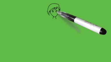 Draw little character girl standing straight hold both hands backside wearing t-shirt, short knicker and footwear with black outline on abstract green background