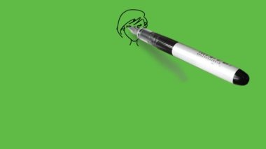 Draw little character girl standing straight hold left hand on hip and fold right arm with open hand wearing t-shirt, short knicker and footwear with black outline on abstract green background