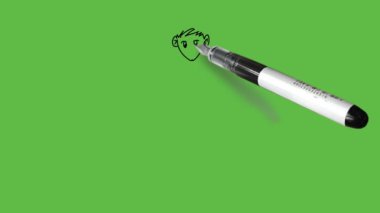 Draw little character boy standing straight with scattered hair keep arms backside wearing t-shirt, pant and footwear with black outline on abstract green screen background