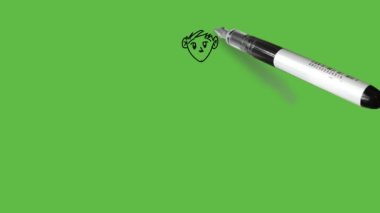 Draw little character boy standing straight with scattered hair keep left arm down with open hand and show right palm wearing t-shirt, pant and footwear with black outline on abstract green screen background