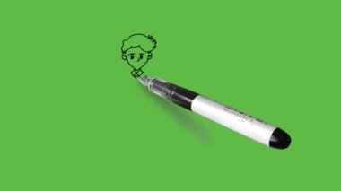 Draw little boy standing carry small bag in right hand and point out with left hand towards signal nearby wearing shirt, pant and footwear with black outline on abstract green screen background