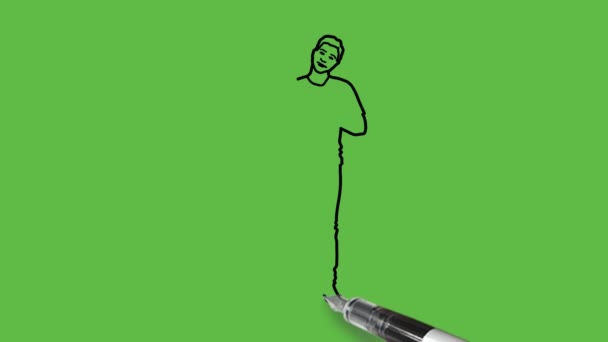 青のTシャツ ズボン 黒いアウトラインが抽象的な緑の背景に黒いアウトラインを身に着けている心の上に右の手と左の手にまっすぐ立っている若い男の子を描く — ストック動画
