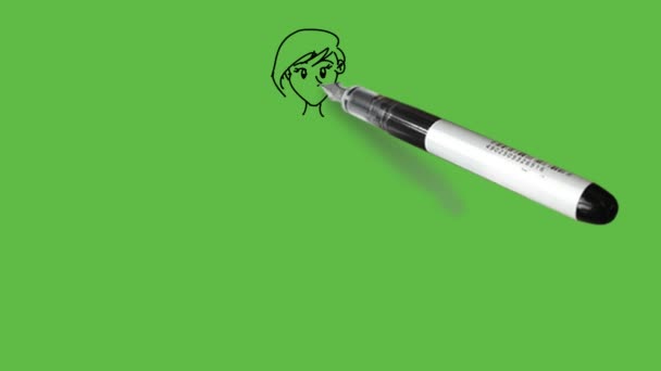 右手を腰に持つ少女と左手に大きな鉛筆を描き Tシャツ 短編み 履物を着用し 黒の輪郭を抽象的な緑の背景に描く — ストック動画