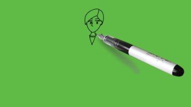 Genç bayan doktoru steteskopla ayakta dikilirken çiz. Elinde kalem ve kağıt tahta, gömlek, ceket, pantolon ve soyut yeşil arka planda siyah çizgili ayakkabılar olsun.