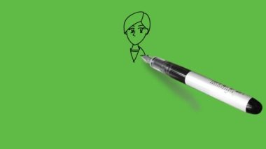 Genç bayan doktoru steteskopla ayakta dikilirken çiz. Dirsek gösterme haplarından iki kolu da katla. Gömlek, palto, pantolon ve soyut yeşil arka planda siyah çizgili ayakkabıyla işaret et.