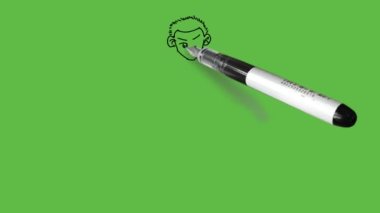 Karakterli çocuk, iki yumruğunu düz tut gömlek, pantolon ve siyah çizgili ayakkabıyla soyut yeşil ekran arka planında