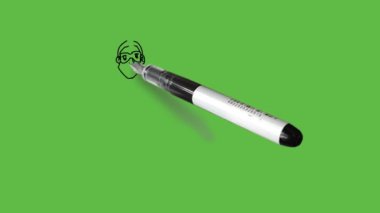 Draw young body builder man stand hold rectangular shape blank board with left hand and right arm backside wearing spectacles, shirt, short knicker and footwear with black outline on abstract green background