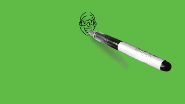 Draw young body builder man stand fold left arm from elbow with money currency upward in hand and right arm straight down with fist wearing spectacles, shirt, short knicker and footwear with black outline on abstract green background