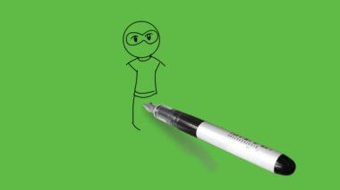Draw young character bald man with round eyes standing hold laptop upward in left hand and right hand straight down wearing shirt, trouser, gloves and shoes with black outline on abstract green background
