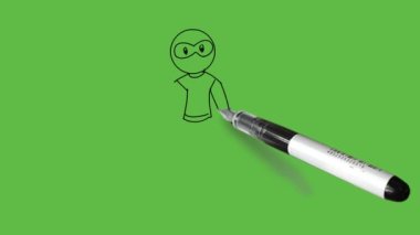 Draw young character bald man with round eyes standing hold sword back of head in right hand and left hand straight down wearing shirt, trouser, gloves and shoes with black outline on abstract green background
