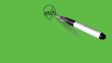 Draw young character girl standing in side pose hold right hand backside and money dollar in left hand upward wearing spectacles, shirt, pant and footwear with black outline on abstract green background