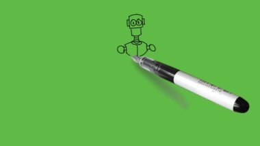 Draw young cartoon character robot man standing hold tools and instruments in right hand and left straight down wearing shirt, trouser and shoes with black outline on abstract green background