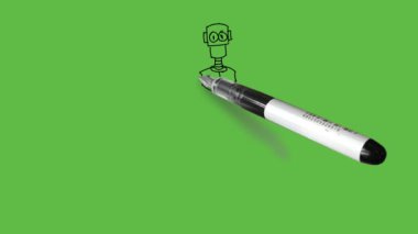 Draw young cartoon character robot man standing hold left hand on hip and rectangle shape blank board downward in right hand wearing shirt, trouser and shoes with black outline on abstract green background