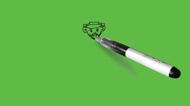 Draw young character beard man standing show both index finger upward parallel to head wearing shirt, trouser, hat and shoes with black outline on abstract green background