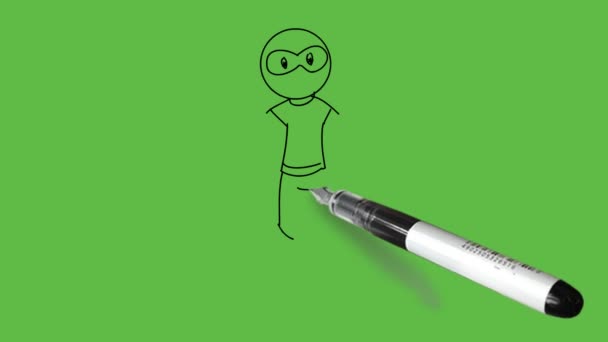 Draw Young Character Bald Man Eyes Standing Fold Both Arms — Vídeo de stock