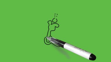 Soru işaretleri olan genç çizgi film karakterini çiz sağ elini ağzının üstüne koy sol eliyle dirseğe destek al soyut yeşil arka planda siyah çizgili gömlek giy