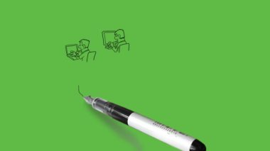 Öğrencilerle bilgisayar öğrenme sınıfını çiz. Soyut yeşil arkaplanda siyah çizgili yuvarlak dizüstü bilgisayarla otur.