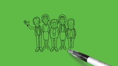 Altı genç dans grubundan oluşan çizim grubu ceket, pantolon, renkli kravatlı takım elbise ve soyut yeşil arka planda siyah çizgili kısa etekli kadın standı.