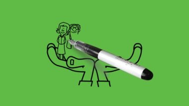 Yedi genç adam palto, pantolon, kravat ve kısa etek, üst ve ayakkabı giyen takım elbiseli, soyut yeşil arka planda siyah çizgili büyük bir çift el üzerinde duruyor.