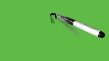 Üç genç adam palto, pantolon, takım elbise, kravat ve kısa etek, üst ve ayakkabı giyen kadın giyin. Kollarınızı birleştirin ve soyut yeşil arka planda siyah bir hatla düşünün.