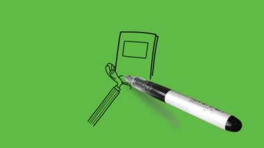 Yukarı doğru hareket eden el grupları tarafından taşınan ve soyut yeşil ekran arkaplanı üzerinde siyah çizgili herkese gösterilen plan defterini çiz