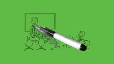 Profesörün bazı öğrencilere dizüstü bilgisayarda ders verdiği sınıfları çiz. Gömlek, pantolon ve kırmızı kravat ve soyut yeşil arka planda siyah çizgiler.