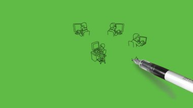 Öğrencilerle bilgisayar öğrenme sınıfını çiz, dizüstü bilgisayarı yuvarlak şekilde otur, hepsi soyut yeşil arkaplanda siyah çizgili ana dizüstü bilgisayara bağlı olsun.