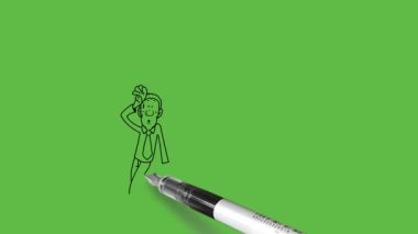 Yuvarlak burunlu, dizüstü bilgisayarlı, gömlek, pantolon ve soyut yeşil arka planda siyah çizgili kravat destekli genç bir adam çiz.