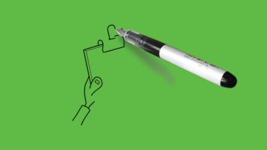 Ataç, üç kare, çizgi ve kalem ile kapalı dikdörtgen şekilli kağıt tahtayı insan eliyle yakalanmış, soyut yeşil ekran arka planında siyah çizgili olarak çiz