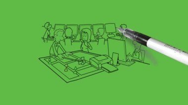 Ayakta duran genç adam ve kadını harita tartışırken çiz meslektaşlarınla masaya otur bilgisayarların üzerinde otur soyut yeşil arka planda siyah çizgili uygun elbiseler giy
