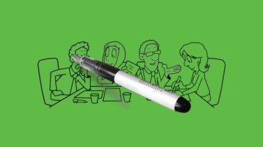 Dört kişilik grubu çiz, sandalyede oturup bir masada tartış ve deftere uygun bir elbise ve soyut yeşil arkaplan üzerine siyah çizgili kalem giysisi yaz.