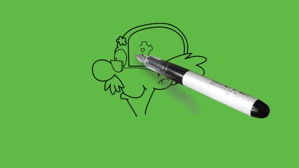 口ひげ 鋭い心の老人の漫画のキャラクターを描く抽象的な緑の背景に黒い輪郭とシャツと蝶ネクタイ — ストック動画