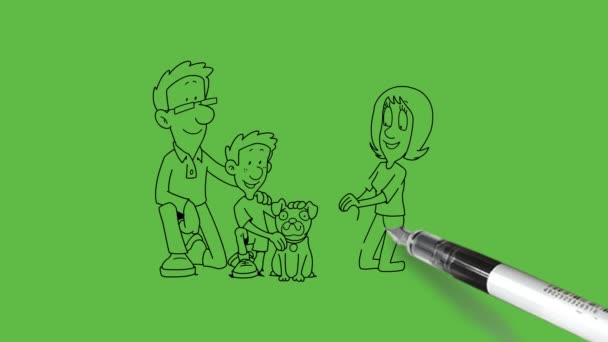 Narysuj Wspaniały Rodzina Siedzieć Kolanach Grać Małymi Dziećmi Szczeniak Pies — Wideo stockowe