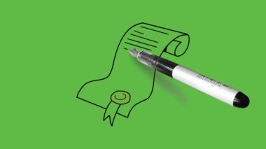 Soyut yeşil ekran arkaplanı üzerinde siyah çizgili kırmızı etiketli büyük yazılı kağıdın yakın görünümünü çiz