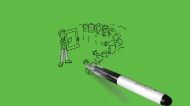 Yuvarlak burunlu genç adam dikdörtgen tahta adres grubu onu soyut yeşil arka planda gömlek, pantolon, kravat ve siyah çizgili ayakkabılar giyerken görsün.