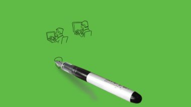 Sekiz kişilik bir grup, yuvarlak şekilli sandalyede oturan erkek ve kadın, dizüstü bilgisayarda ya da beş sarı yıldızlı bilgisayarda çalışırlar ve işaret başparmakları gibi, soyut yeşil arka planda siyah çizgili uygun elbiseler giyerler.