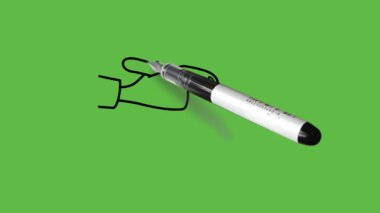 İnsan eliyle tutulan kalem kağıdının yakın görünümünü soyut yeşil ekran arkaplanındaki siyah çizgili dikdörtgen kağıda çiz