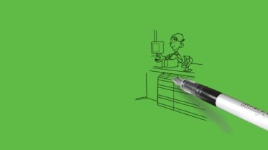 Tezgahta oturan genç adam kuyrukta bekleyen insanlardan fatura ödemesini al uygun bir elbise ve soyut yeşil perde arka planında siyah çizgili ayakkabılar giy