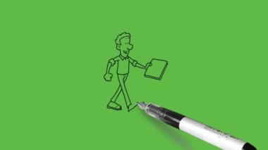 Genç adamın yanında duran yeşil tahta çiz. Çözümlerin defterini tut. Diğer çocuğa ver. Soyut yeşil ekran arka planında siyah çizgili gömlek, pantolon ve ayakkabılar giy.