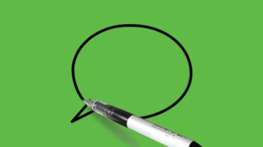 Soyut yeşil ekran arkaplanı üzerinde siyah çizgili soru işareti ile konuşan ses emojisinin yakın görünümünü çiz