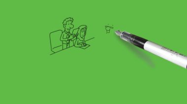 Beş kişiyi çiz genç erkek ve kadın sandalyeye oturur, biri sandalyeden kalkar ve gazete okur, diğerleri onu bir masada dinler gözlük takar, soyut yeşil perde arka planında siyah çizgili uygun bir elbise