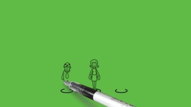 Beş kişiyi çiz genç erkek ve kadın işaretli küçük bir çemberde dursun ve biri diğeriyle havada asılı dursun gözlük taksın, uygun elbise ve kravat ve soyut yeşil perde arka planında siyah çizgiler olsun.