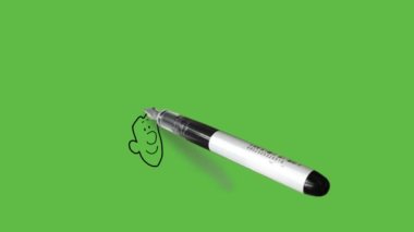 Yuvarlak burunlu genç adamın yakın görüntüsünü çiz. İki yan ok, tabela, gömlek ve soyut yeşil ekran arka planında siyah çizgili mavi kravat.