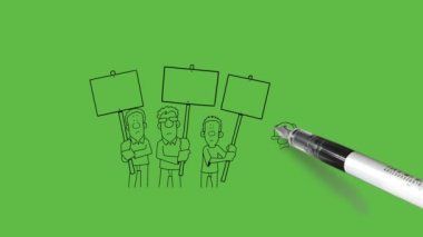Genç erkek ve kadınların bir arada durduğu çizim grubu ellerinde dört boş dikdörtgen tahta taşır ve soyut yeşil ekran arka planında siyah çizgili uygun elbiseler giyerler.