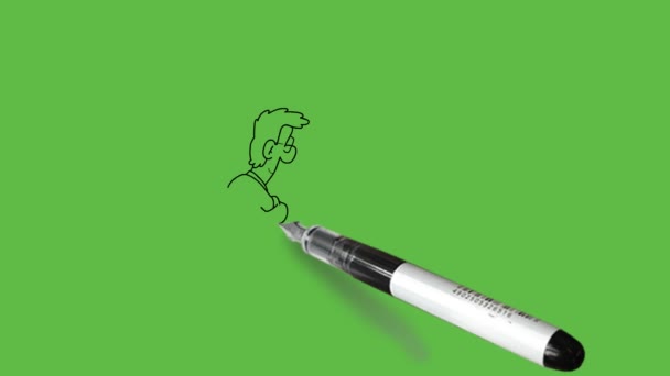 若い男の背面を描く手で椅子にペンを保持し 抽象的な緑の背景に黒のアウトラインと大きなチャートの摩耗シャツ ズボンや履物でいくつかの図面をスケッチしようとします — ストック動画