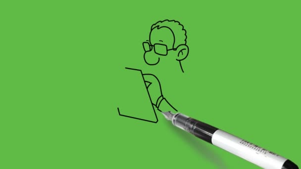 画一个圆形鼻子的年轻人拿起带有夹子的钢笔和纸板 并在上面写上合适的衣服 领带和眼镜 并在抽象的绿色背景上打上黑色的轮廓 — 图库视频影像