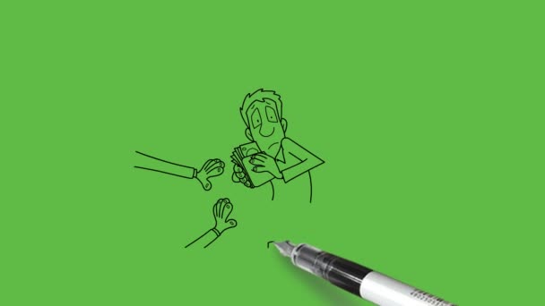 Narysuj Wiele Rąk Pchając Człowieka Czarnym Zarysem Abstrakcyjnym Zielonym Tle — Wideo stockowe