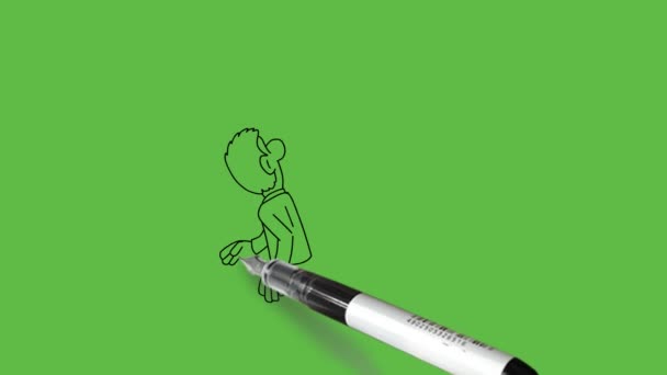 長方形のブランクボードの服のシャツ パンツ 靴を背に 抽象的な緑の画面の背景に黒いアウトラインで丸い鼻の若い男を歩く描く — ストック動画