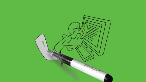 Намалюйте Молодого Чоловіка Круглого Носа Сидячи Стільці Дивіться Екран Комп — стокове відео